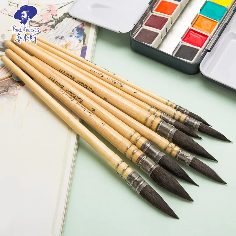 Paul Rubens Watercolor Brush Pen Paint Acrylic Squirrel Hair Yellow Timber Baking Varnish Holder Art Supplies for Artist L818-8#