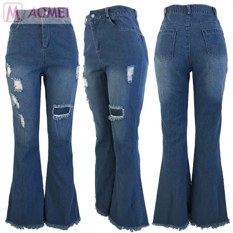 
S7019 casual fashion denim fabric washed ripped flared High Waist Women Jeans Pants 