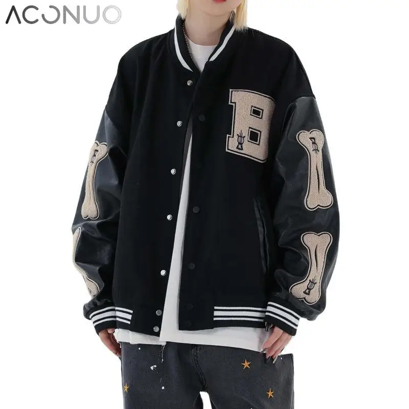 YAJIANUO Unisex Mens Baseball Jackets Outdoor Leather Sleeves Varsity Jackets Street Custom Letterman Jacket