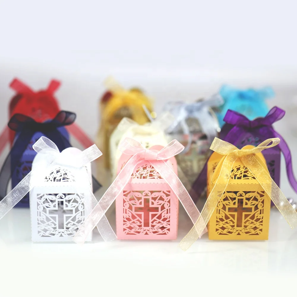 Laser Cut Hollow Cross Candy Sweet Packaging Box for Baby Baptism Party Favors Decoration Supplies