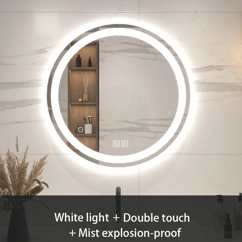 Modern LED mirror bathroom round handwashing toilet makeup smart mirror fog removal hanging wall three-color light mirror