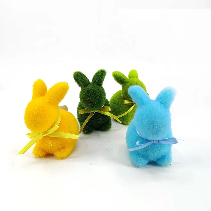 Colorful Handmade Flocked Rabbit Decoration Easter Bunny Figurine Flocking Hare Statue DIY Material Mini Ornament