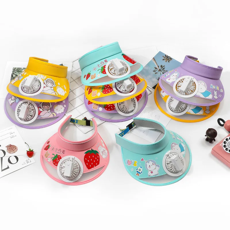 FF1096 Cartoon USB Chargeable Fan Cap UV Protection Wide Brim Visor Cap Women Men Kids Sun Visors Hat