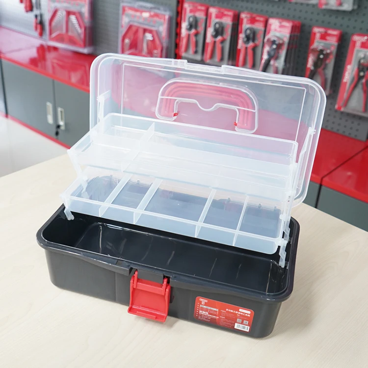 13 Inches Multifunctional Toolbox Tool Box Transparent PP Plastic High Quality OEM Red Hidden Hard Plastic Cargo Box Rolling