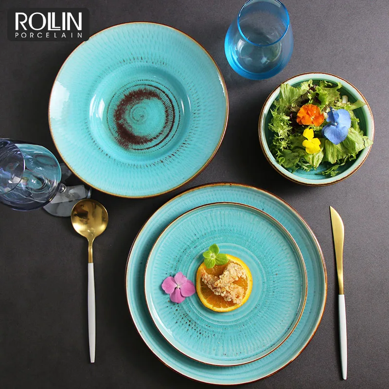 Microwave Oven Safe Porcelain ceramic tableware Under Glaze Turquoise Green Dinnerware Set Plates for Restaurant Crockery