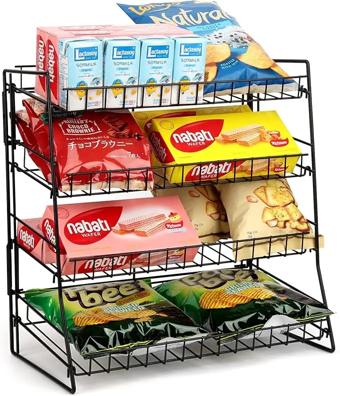 Store over counter boutique supermarket shop shelves lays potato chips gondola Snack perfume metal Display stand racks