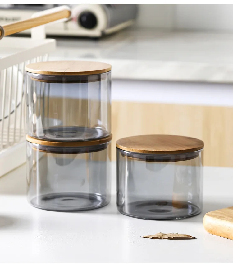250 ML Amber/Grey Color Small Size Cylinder Shape Airtight Storage Jar with Bamboo Lid + Silicone Ring Glass Container Jar