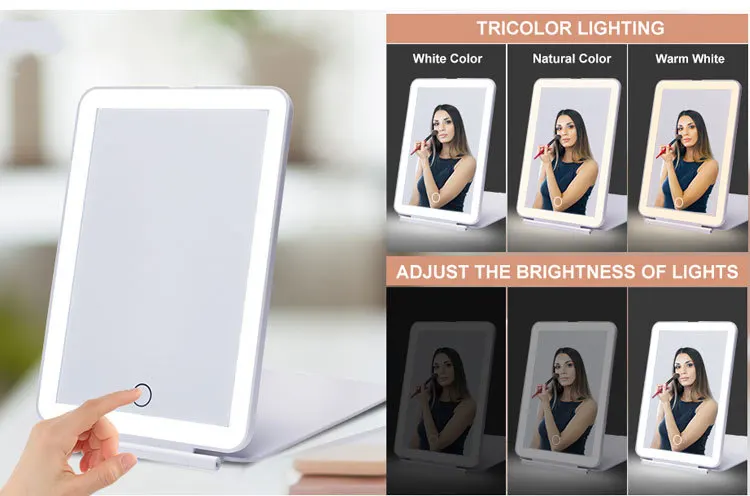 Portable Rechargeable LED Vanity Mirror Thin Touch Screen with 3 Brightness Colors and 10X Magnifying Makeup Compacy Mirror