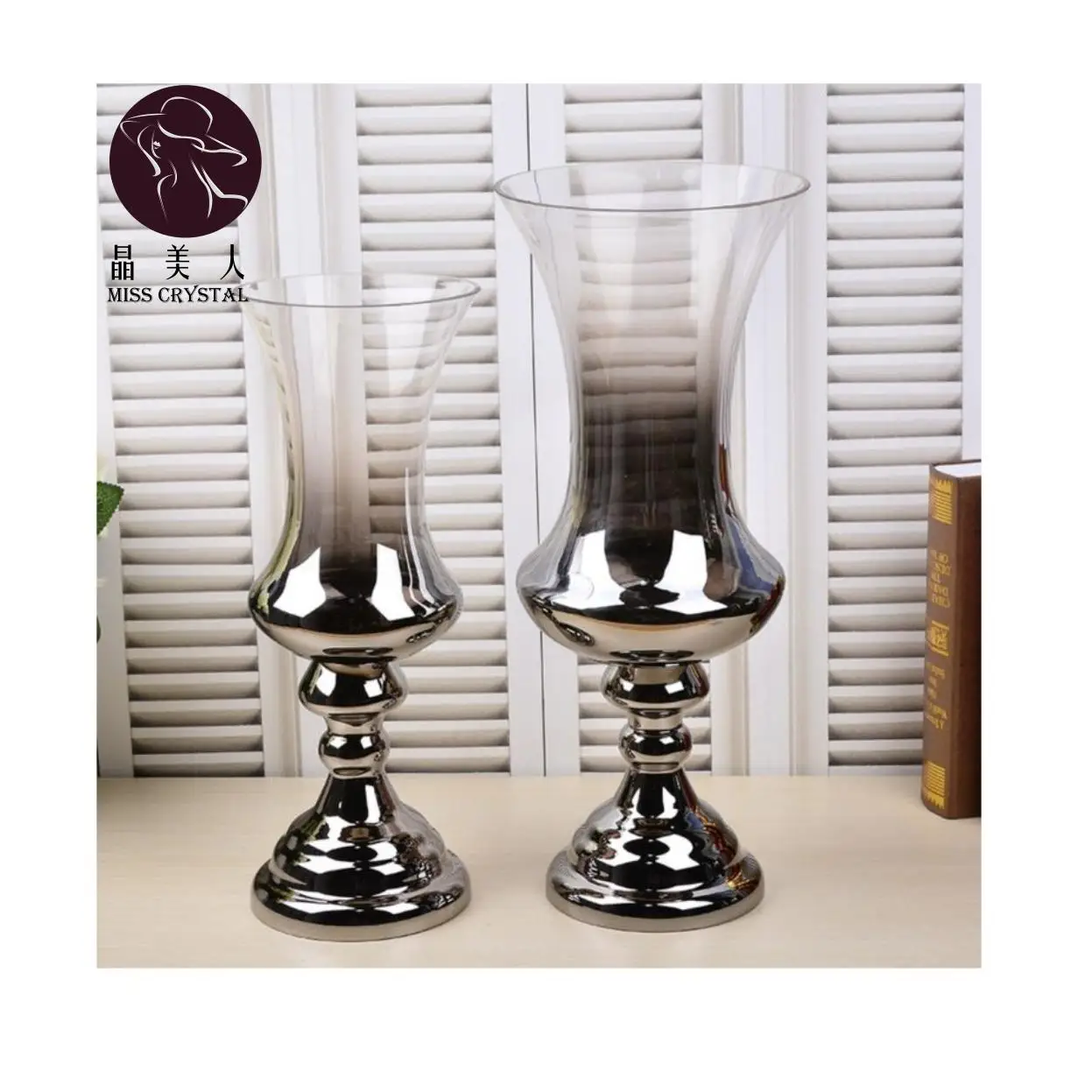 Missc European Modern Style Home Decoration Floor Vase Large Luxurious Silvering Tall Glass Vase