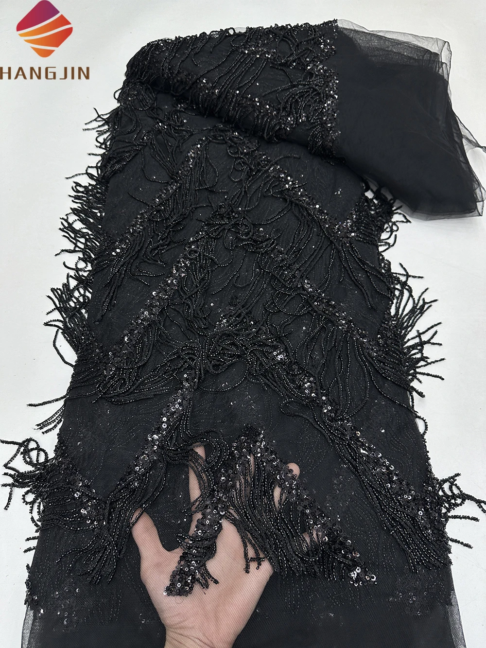 Luxury Sequins Embroidery French Tulle Mesh Lace Heavy Embroidery Beaded Tassel Fringe Fabric For Wedding Party Dress