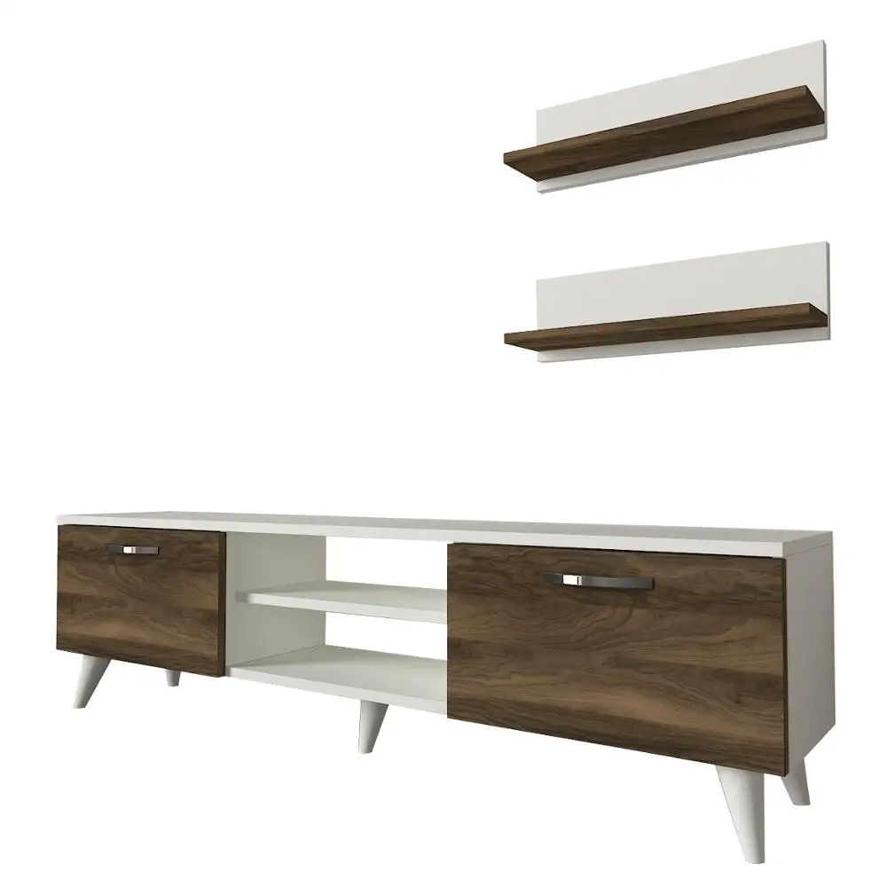 Geacles Simple Wood Tv Stand Modern Furniture  White Walnut with Wallshelf