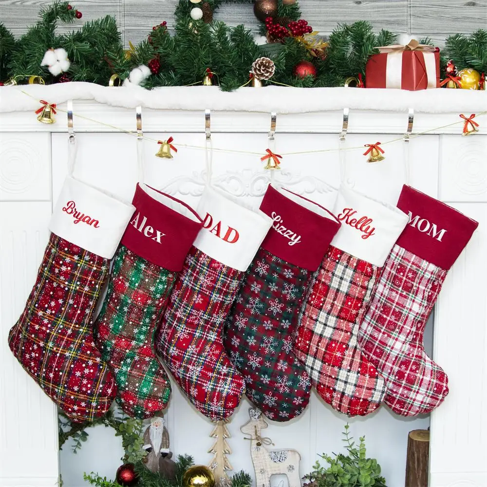 Personalized Christmas Stockings Plaid Snowflake Glitter Print Canvas Fireplace Hanging Decorations
