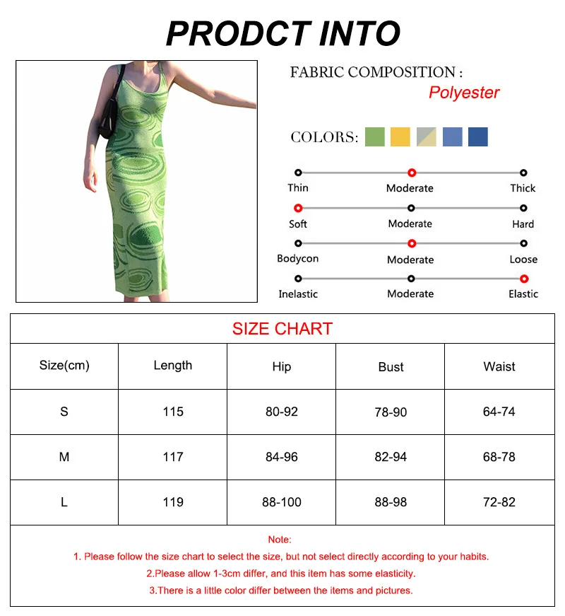 Print Knit Dress Women Green  Summer Sexy  Sleeveless Spaghetti Strap Beach Party Midi Dresses