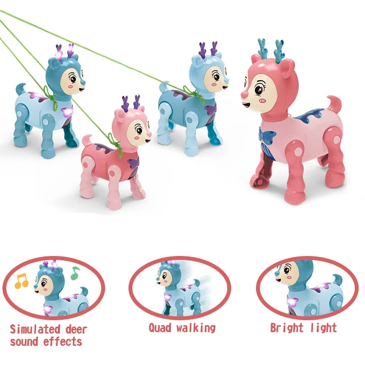 Custom Puzzle Plastic Electric Simulation Calf Cow Deer Sound Effect Lighting Music Cute Pets Rope Pulling Electric Toys