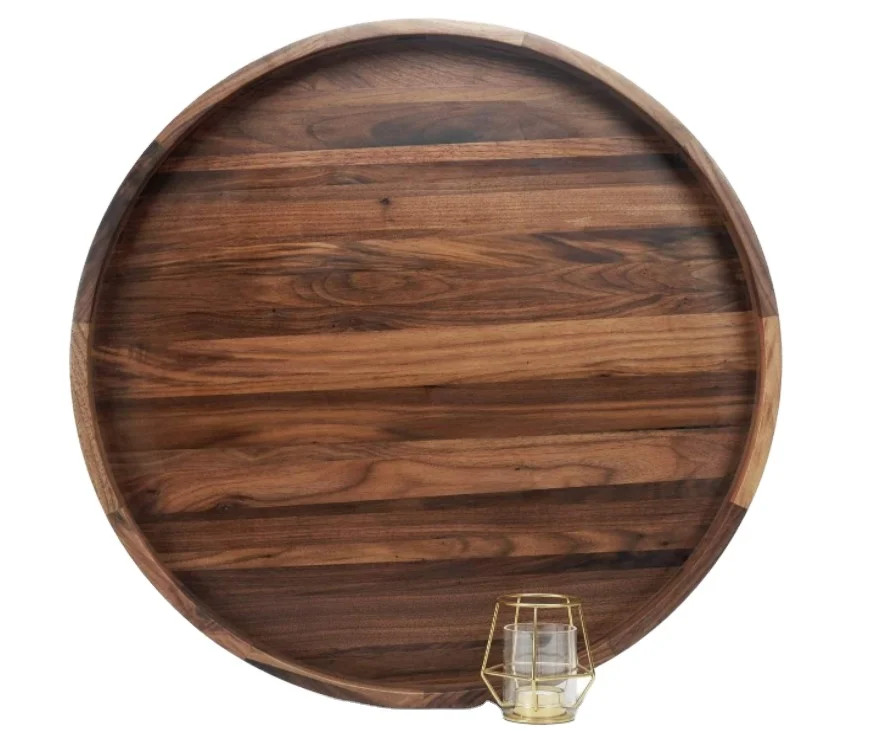 Large Round Black Walnut Wood Ottoman Tray with Handles Wooden Decorative Serving Tray
