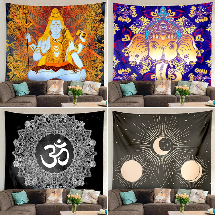 Wholesale Indian Hindu God Krishna Tapestry Bohemian Elephant Wall Hanging Blanket for Yoga Bedroom