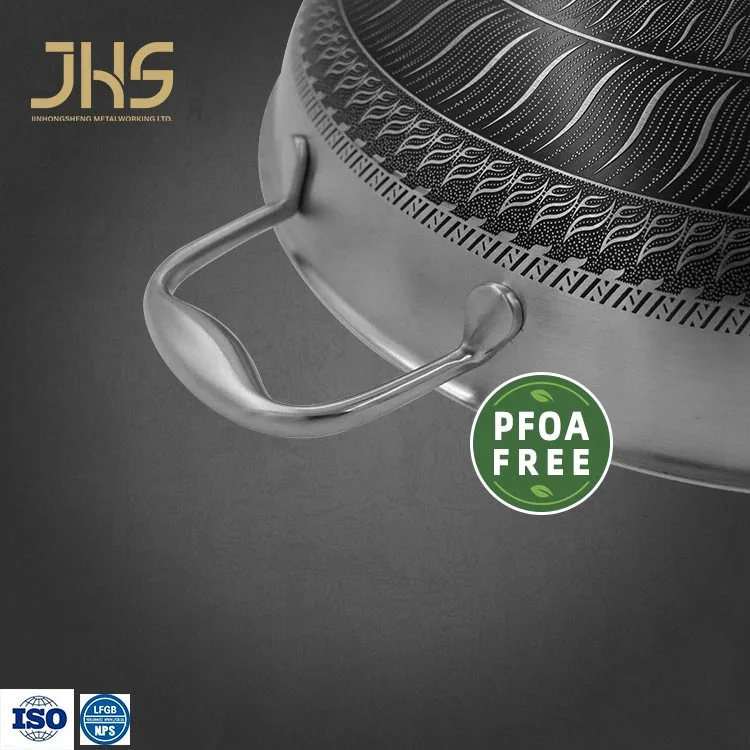 Manufacturer High Quality Tri Ply 304  Stainless Steel Non Stick Coating Honeycomb Wok With Stay Cool Long Handle