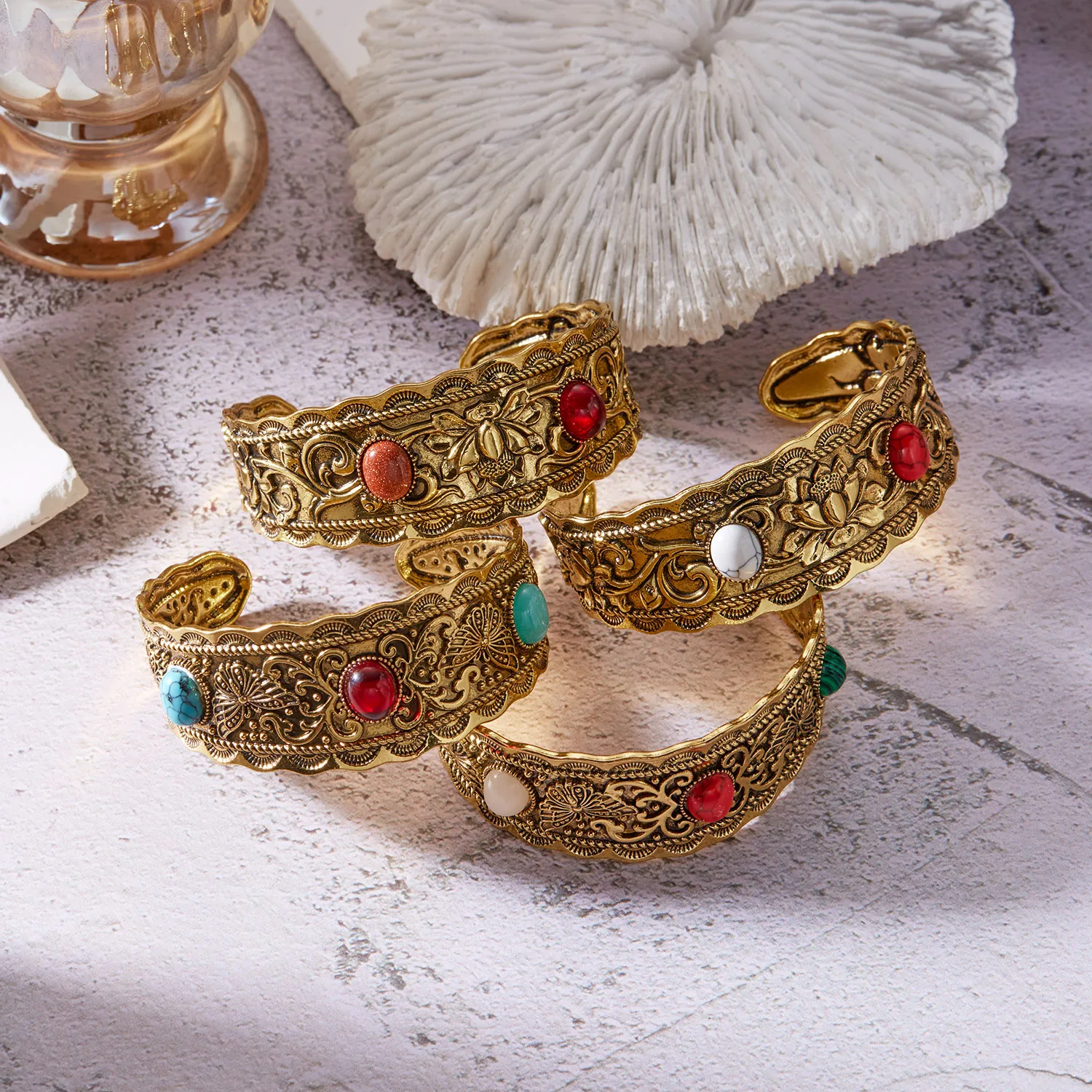 Vintage Natural Stone Feather Bangle Bracelet Women Men Turquoise Rhinestone Open Adjustable Wide Couple Bracelet Ethnic Jewelry