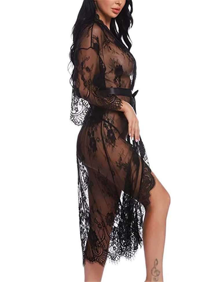 UD6380  Long Sleeve Transparent Lingerie Nightwear Lace Kimono Robe Femme Sexy