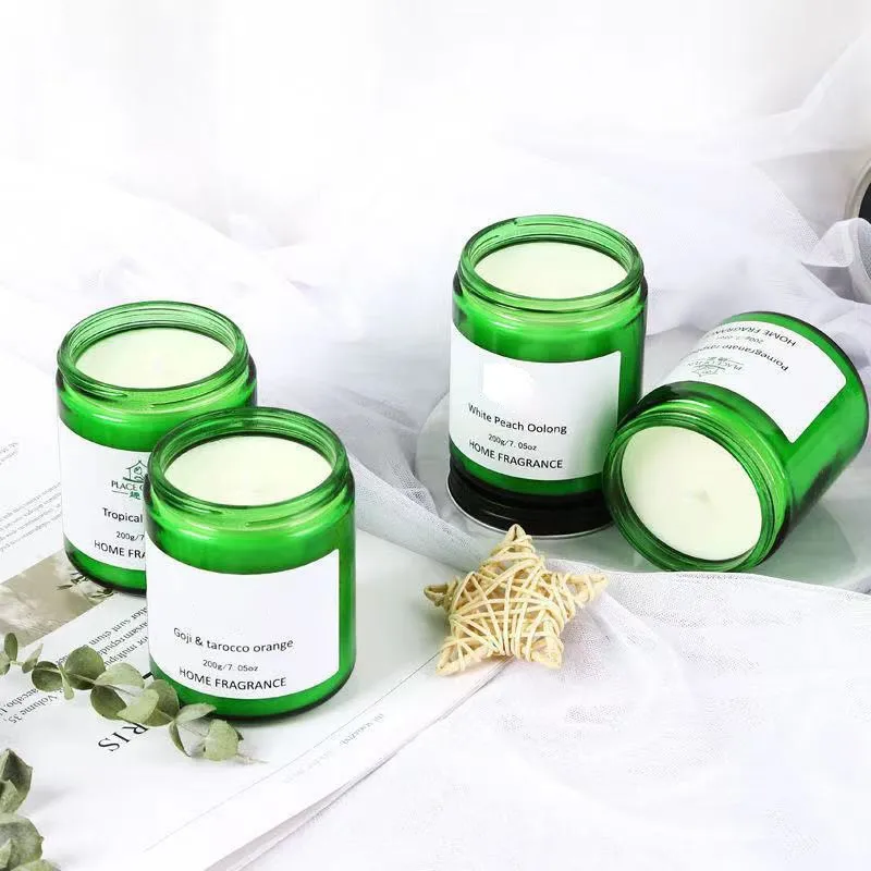 Diy Green Glass Candle Container Handmade Cylindrical Jar with Screen Printing Newly Designed with Lid