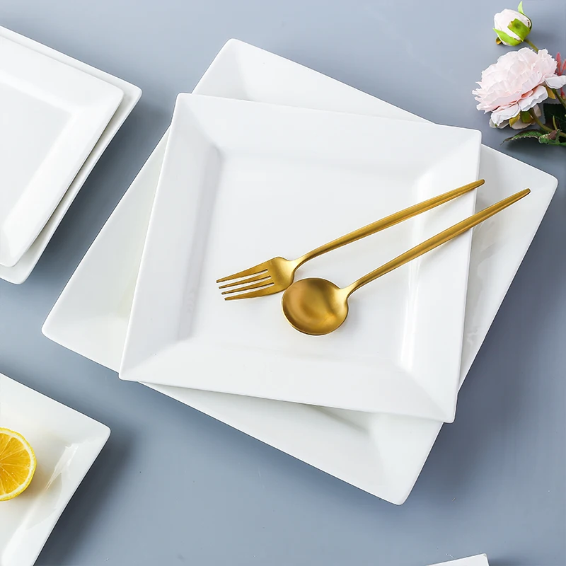 Pure White Ceramic Cuisine Square Pasta Tray Sushi Dinner Plate Household Bone China Tableware