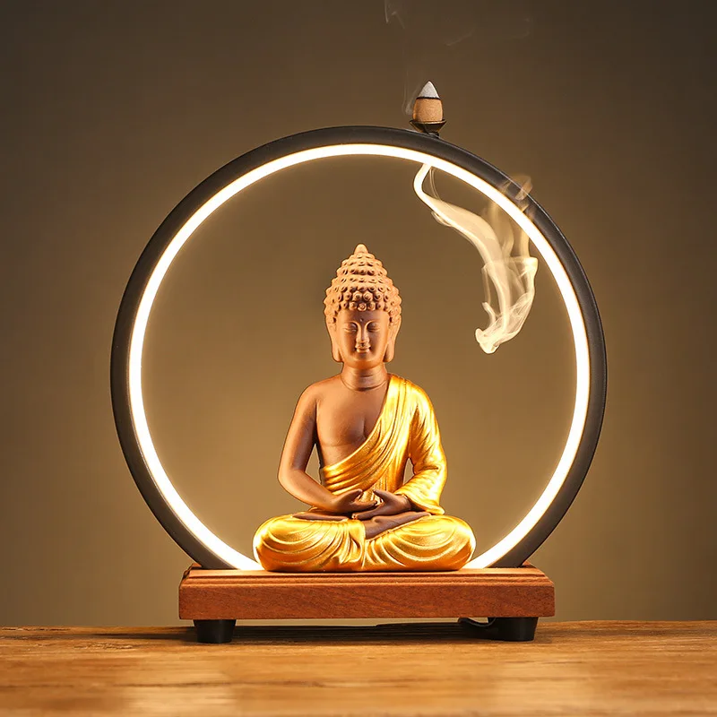 LED Ceramic Incense Backflow Censer Smoke Waterfall Holder Creative Buddha Incense Burner With Light For Home Office Desk Decor