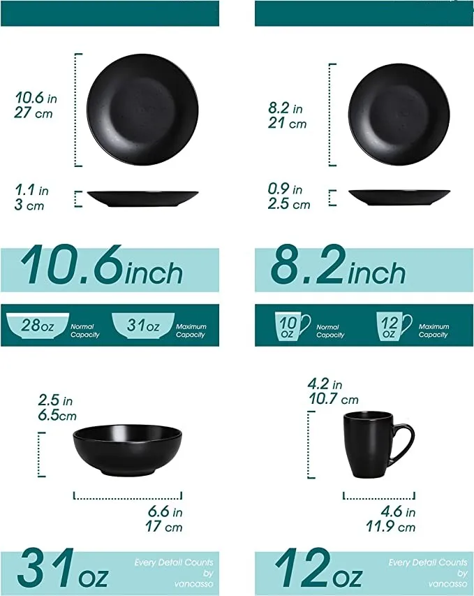 Soho Stoneware Square Dinner Set Black 16 Piece Kitchen Dinnerware Service Plate Crockery Set with 16 Pieces