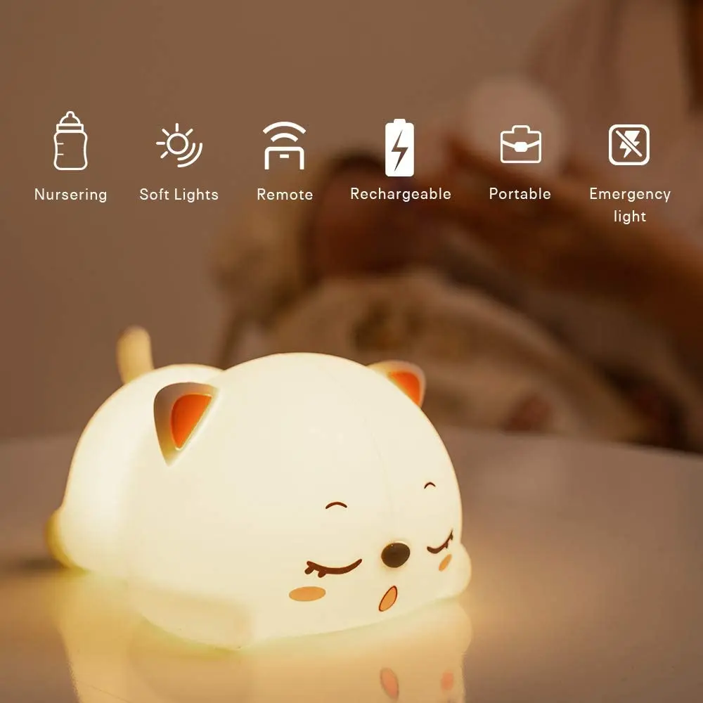 Cute Kids Night Light Silicone Sleeping Kitty Animal USB Rechargeable Portable Lamp Kawaii Kitten Table Nightlight