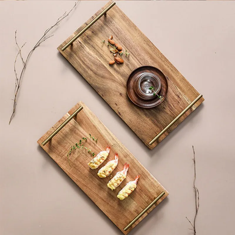 Acacia wood tray/ plate,  fruit dessert snack food serving tray with metal handle