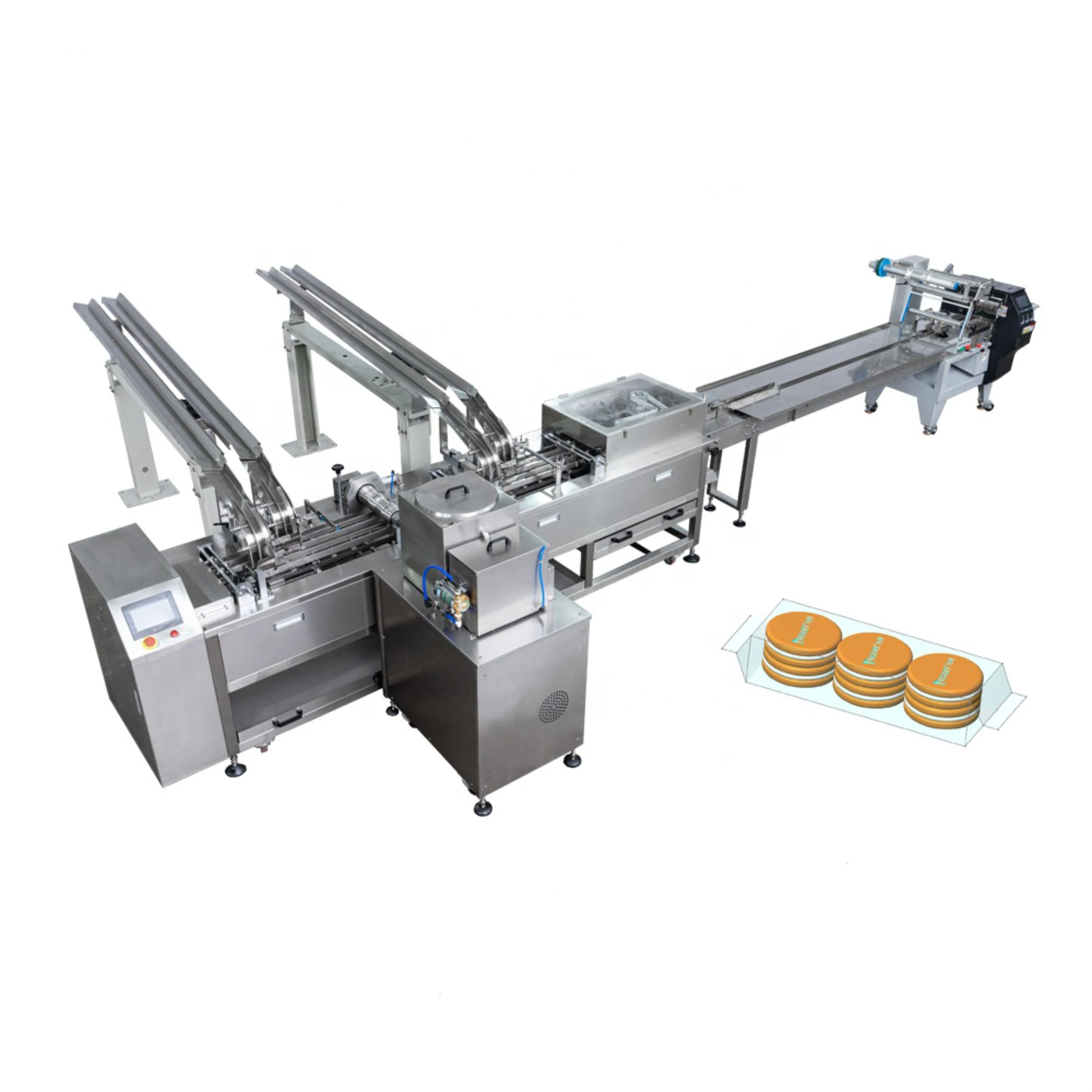 High speed two lane small biscuit cookies making machine to make biscuit sandwiches with pillow packing line for sale
