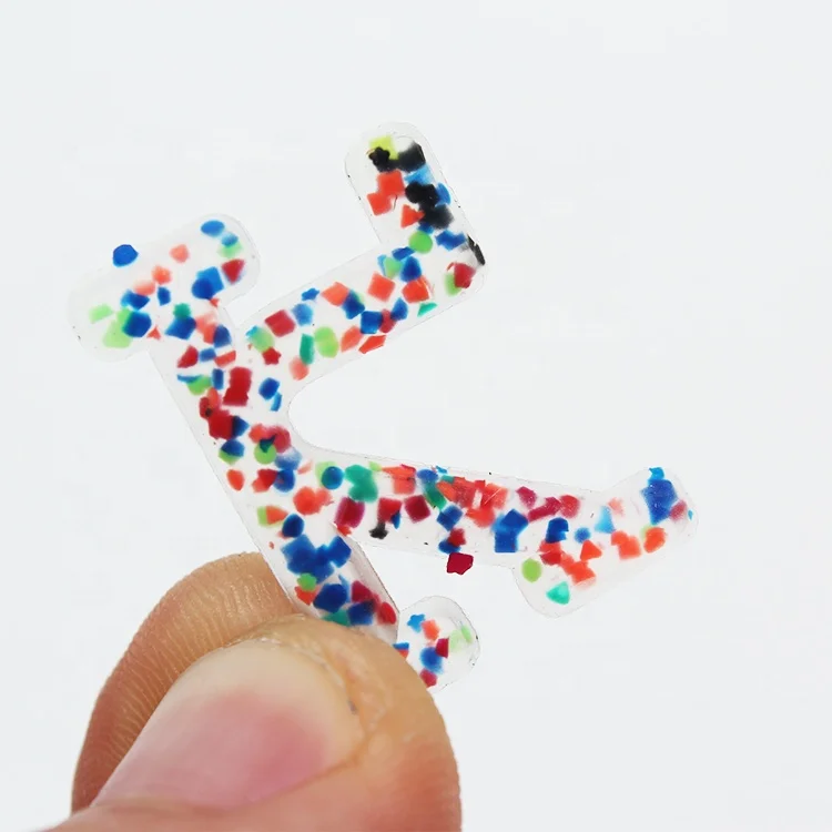 Custom 3D Small K Logo Soft PVC Transparent Letters Patches with Colorful Spots