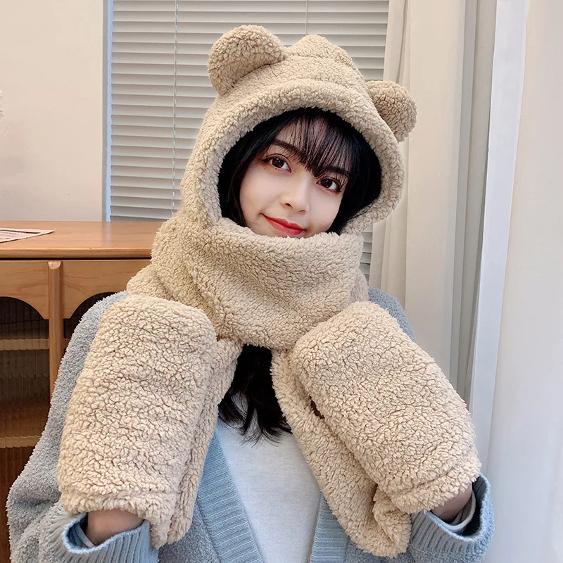 Winter bear thick ear warm hat scarf gloves 3-in-1 plush hat