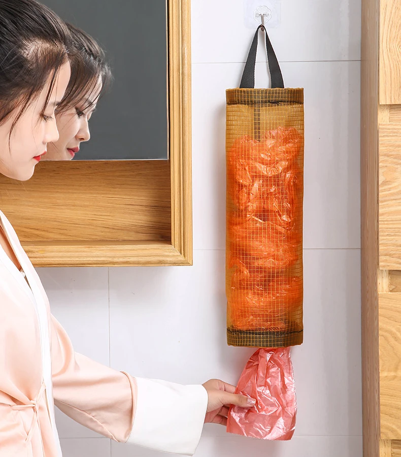 DLL274 Kitchen Wall Mount Hanging Mesh Garbage Bag Organizer Dispenser Reusable Grocery Bags Holder Storage Bags