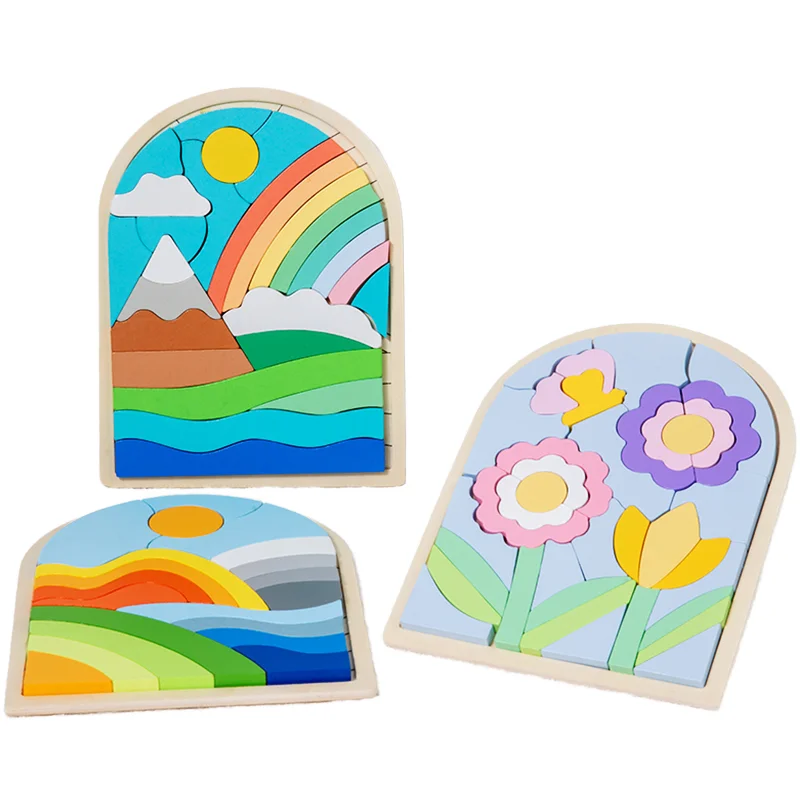 Wooden Toys For Children Cartoon Stereoscopic Puzzles Rainbow Toys Building Blocks Matching Puzzle 3d Puzzles Toys For Kids