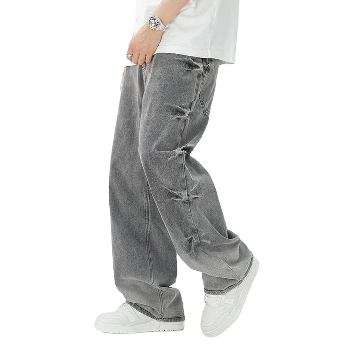 Tie-dye Vintage Baggy Jeans Men Custom Washed Gray Loose Fit Pants Crack Decoration on Both Sides 4 Pockets Style Casual Comfort