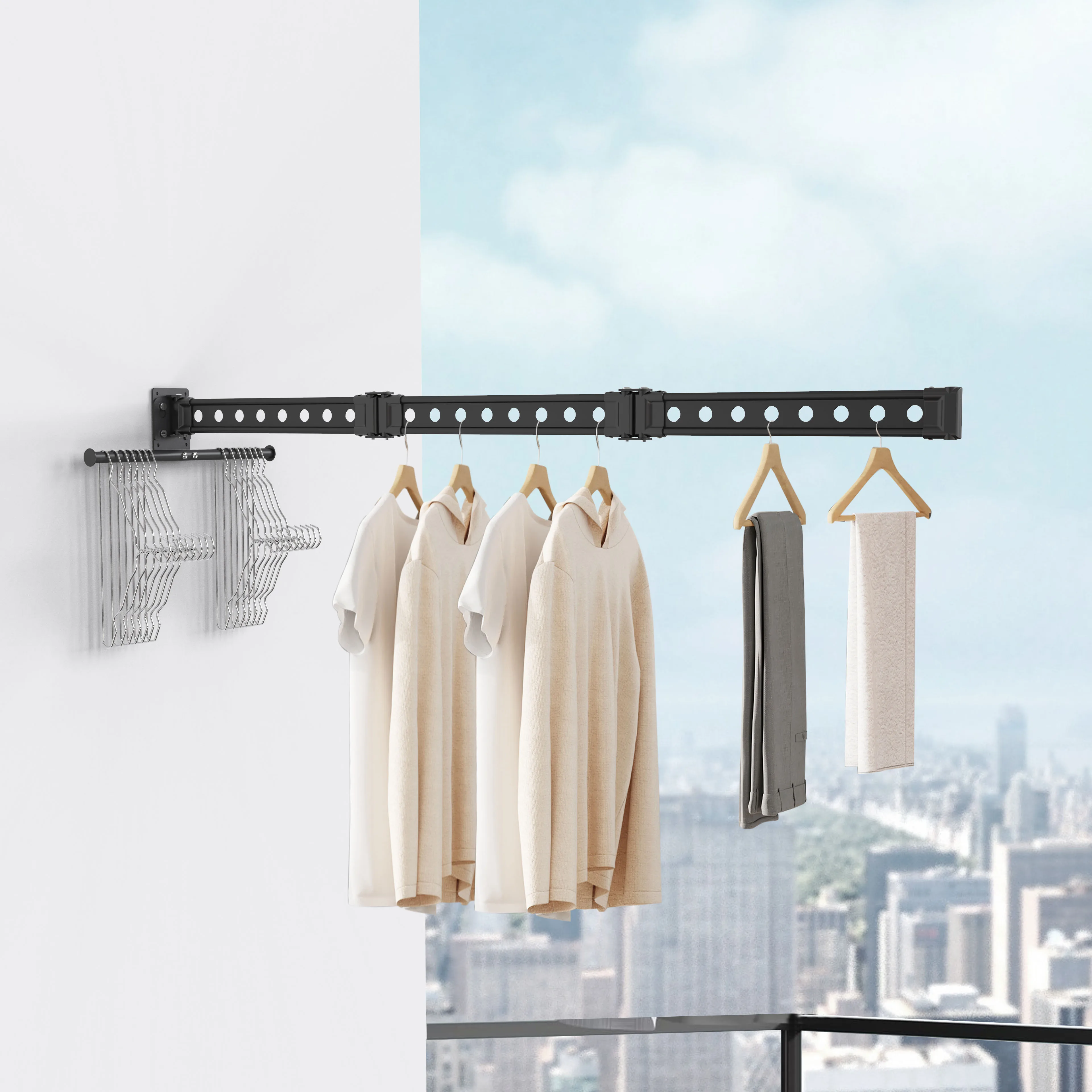 Wholesale Collapsible 8 Hole Wall Mounted Hanger Rack Balcony Wall Mounted Folding Laundry Rack Space Saver Clothes Drying Rack