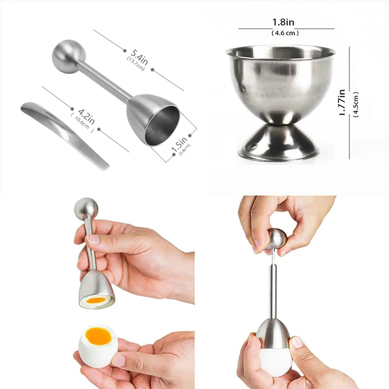 Stainless Steel Egg Cracker Topper Set Soft Hard Boiled Egg Opener Include 4 Cup 4 Spoon 1 Egg Topper for Breakfast set