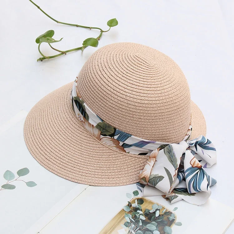 Fashionable paper bucket hat floral printed ribbon adjustable beach hats for women summer foldable handy straw hat