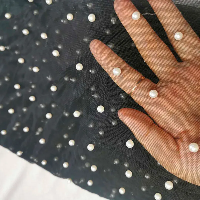 Poly Mesh with Pearl Fabric Embroidery Customized Design Lace Beads 100% Polyester Embroidered Eco-friendly Support