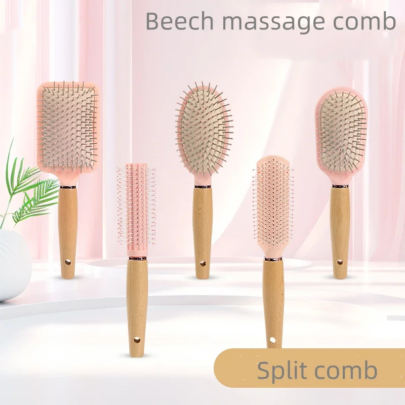 Custom Logo Bamboo Hair Brush Smoothing Hair Massage Anti-Static Hairbrush Natural Wood Comb with Metal Bristles for Women Men