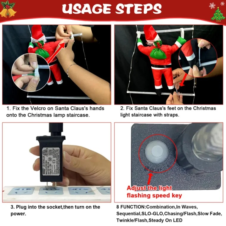 New Indoor LED Light Christmas Decoration Santa Claus Climbs Stairs on Door Wall Hanging Light Festive Indoor Room Decor