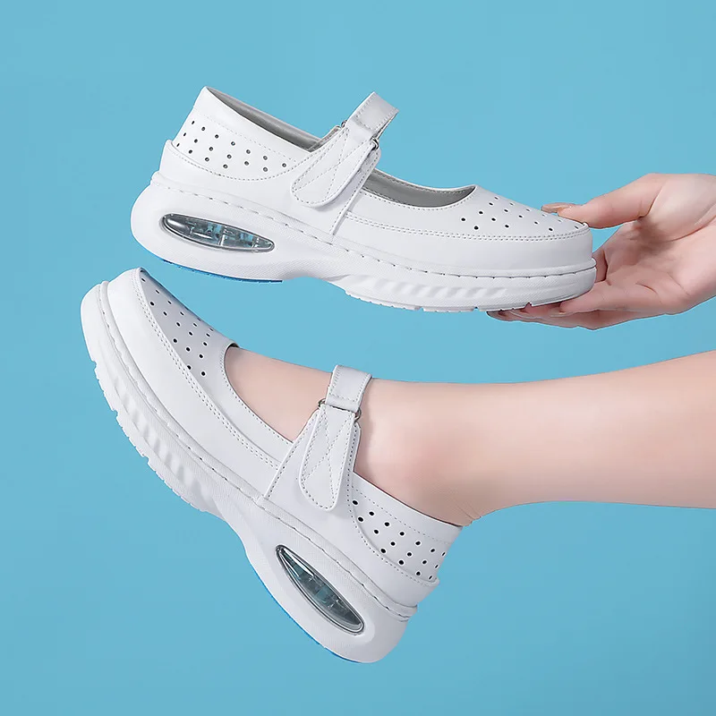 Thick Sole Nurse Shoes Genuine Leather Air Cushion Soft Insole Non-Slip Deodorizing Filter Thick Sole Nursing Shoes in Stock