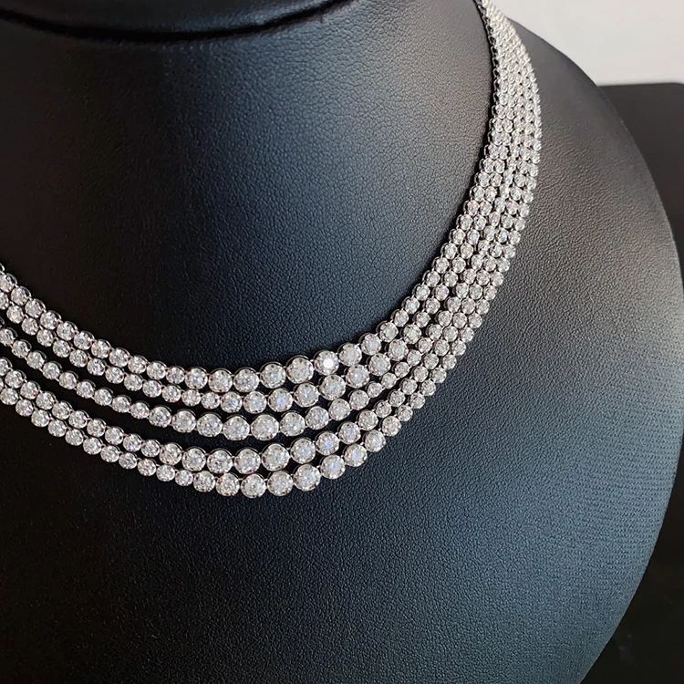 18K Solid Real White Gold Si Fg Diamond Tennis Necklace for Women 3 carat Bling Exquisite Luxury Full Diamond Choke Chain