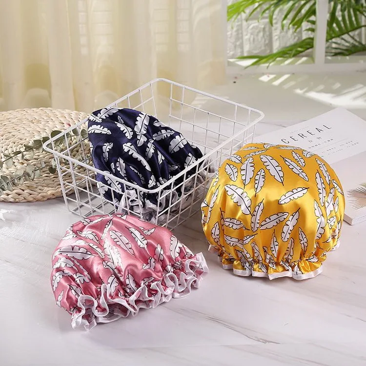 New Fashion Women Small Dot Double-Layer EVA Waterproof Satin Lace Shower Cap