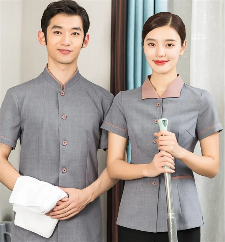 women logo custom hotel restaurant cleaner receptionist cleaning housekeeping staff working uniform short sleeve shirt shirts