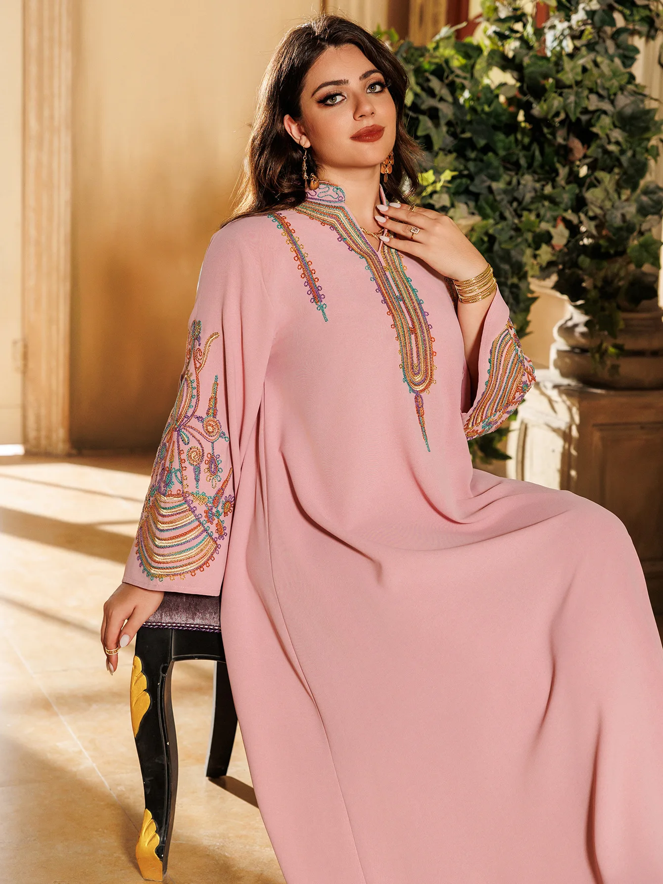 AB420 Trendy Middle Eastern Dubai Abaya Women Muslim Dress Embroidered Pullover Islamic Robes Moroccan Kaftan Arabic Jalabiya