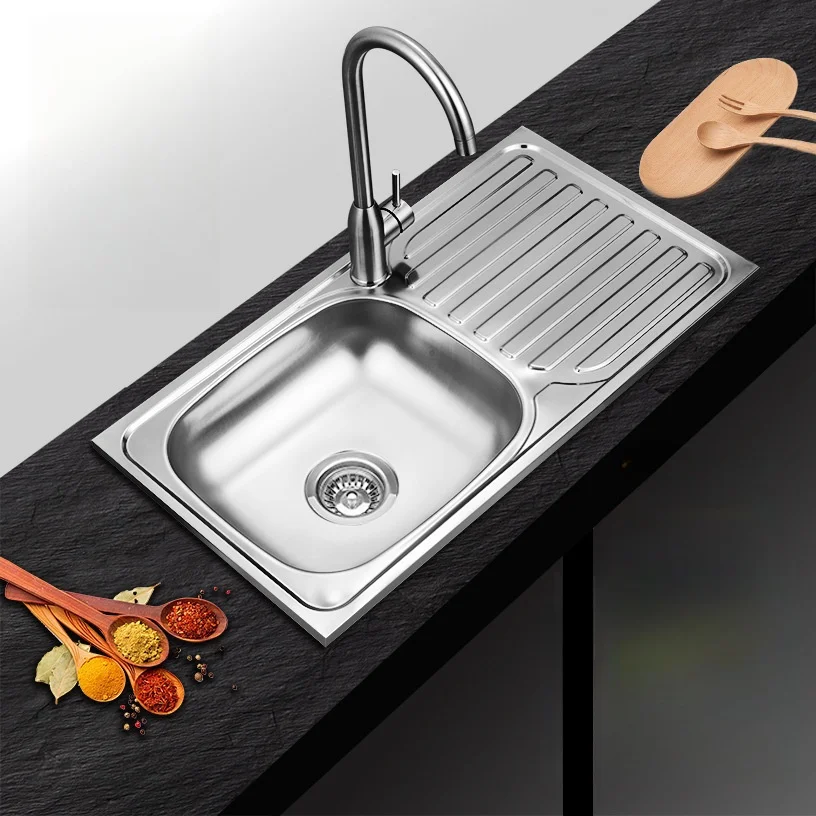 Stainless steel sink Household single bowl with work table kitchen sink Wash basin polished wash basin
