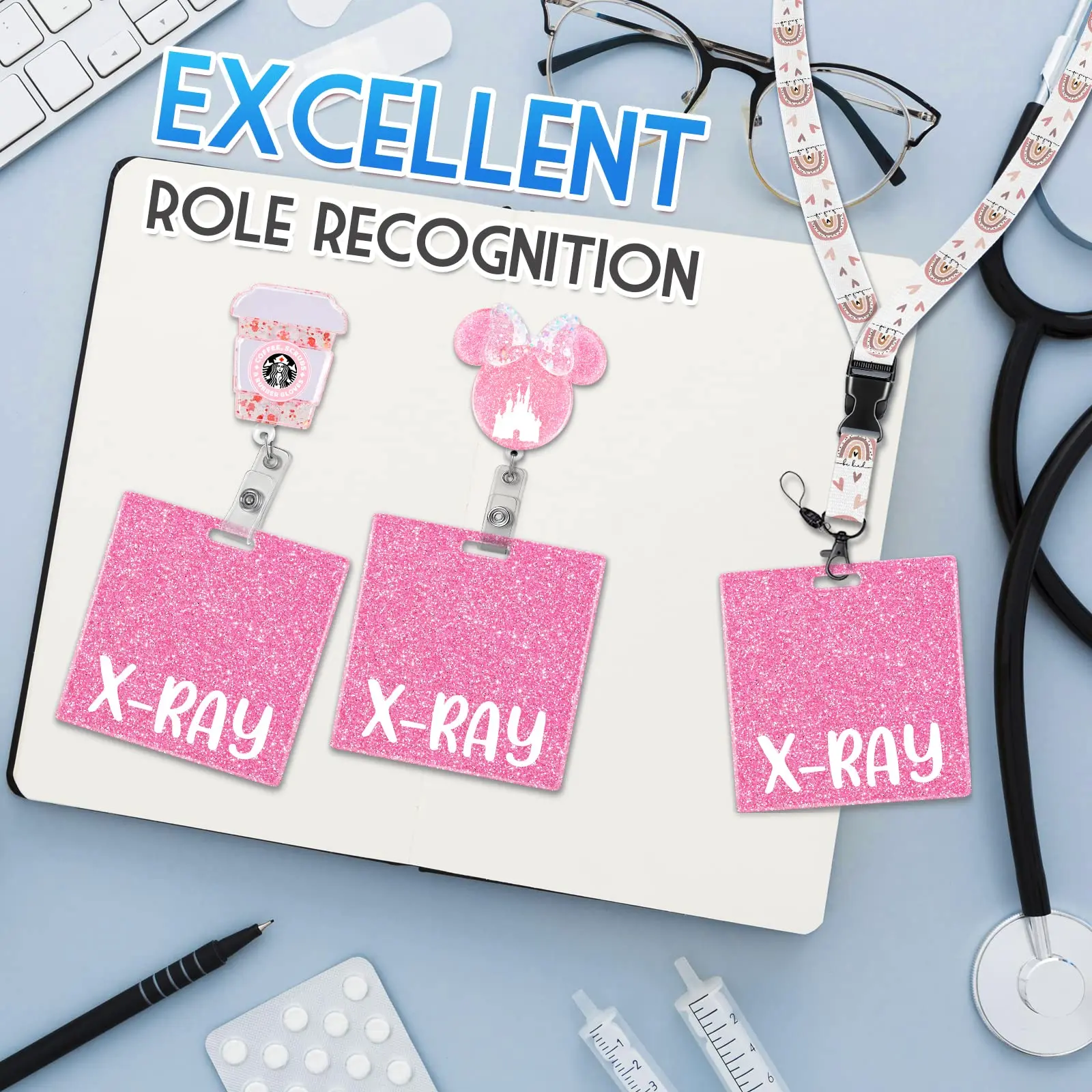 Muliti-color Glitter Acrylic Nurse Badge Buddy Holder Horizontal ID Name Identification Tags Card Holder Nurse Accessory