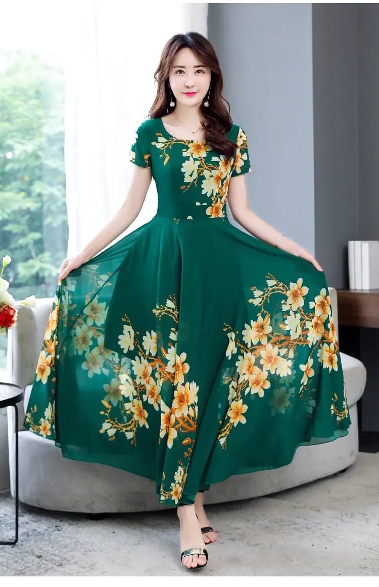 2022 Wholesale In Stock Summer Long Dress Women Floral Print Boho Dress Short Sleeve Ladies Casual Dresses Vestidos