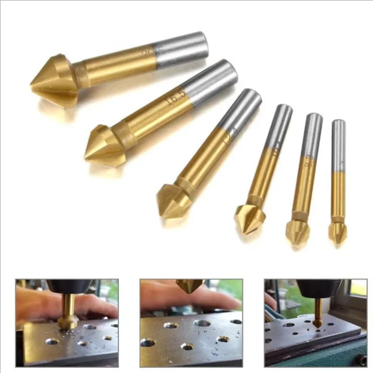 Set of 6 PCS 90 Degree 3 Flute HSS 4341 Countersink Cutter Titanium Coated Chamfer Cutter End Mill Drill Bits countersink set